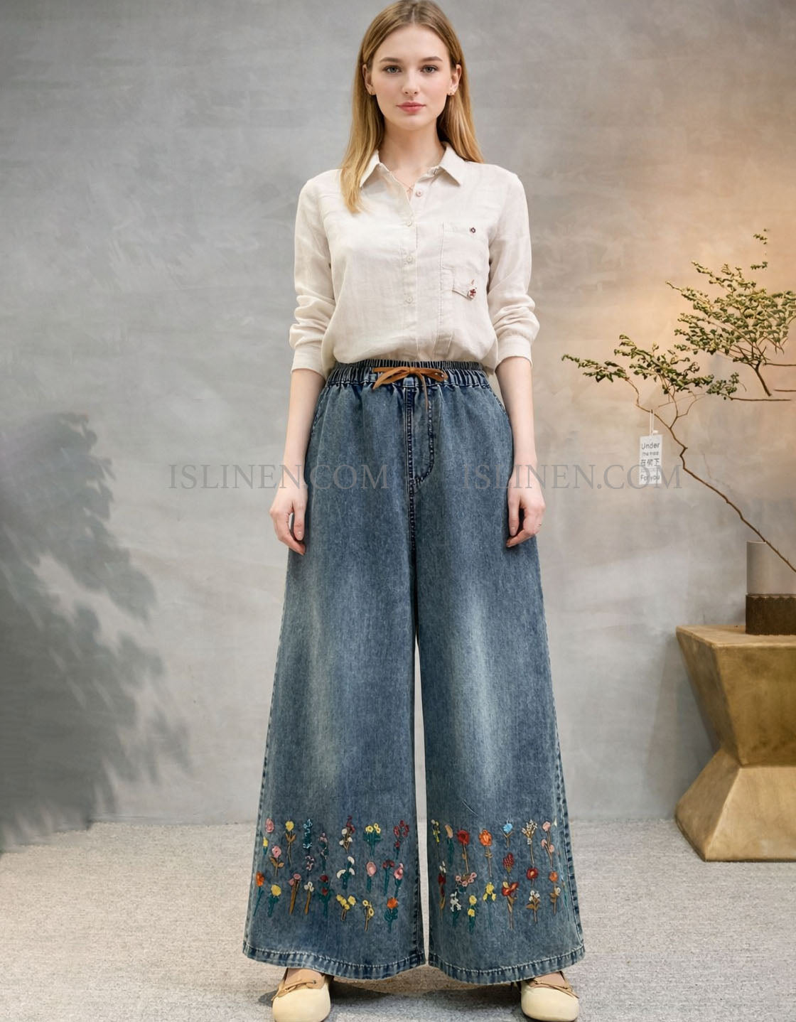 Boho Embroidered Wide Leg Denim Pants Women
