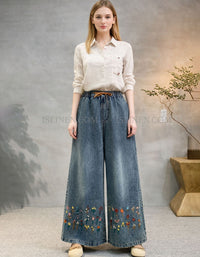 Boho Embroidered Wide Leg Denim Pants Women