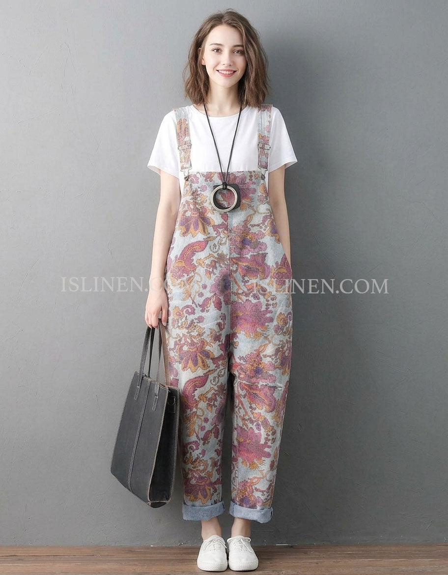 Women Floral Print Overalls Loose Casual Jumpsuit Pants