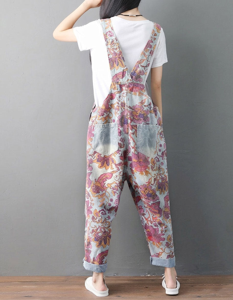Women Printed Overalls Loose Casual Floral Jumpsuit