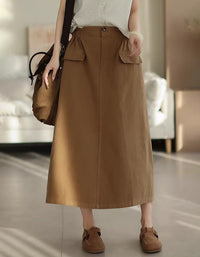 Casual Brown Cotton Midi Skirt with Functional Pockets