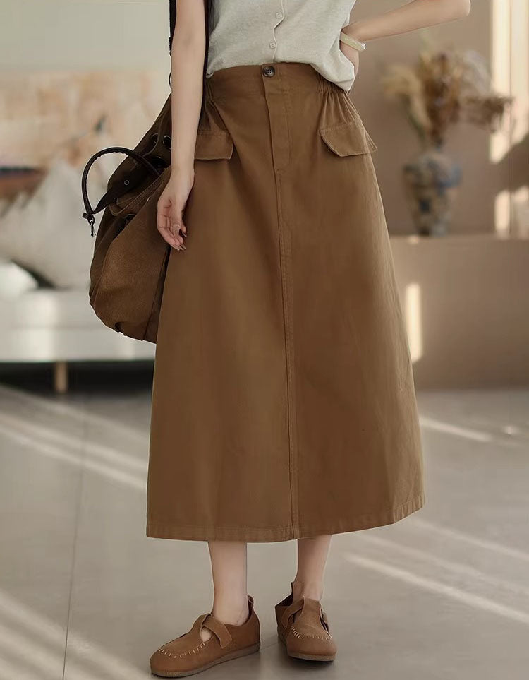 Versatile Khaki Cotton Midi Skirt for Everyday Wear