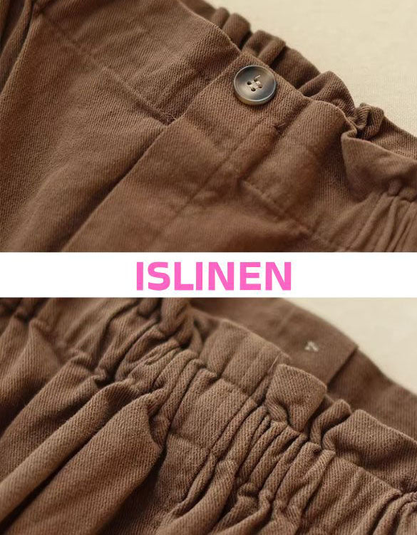 Close-up of brown cotton skirt showing pockets and button design