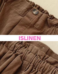 Close-up of brown cotton skirt showing pockets and button design