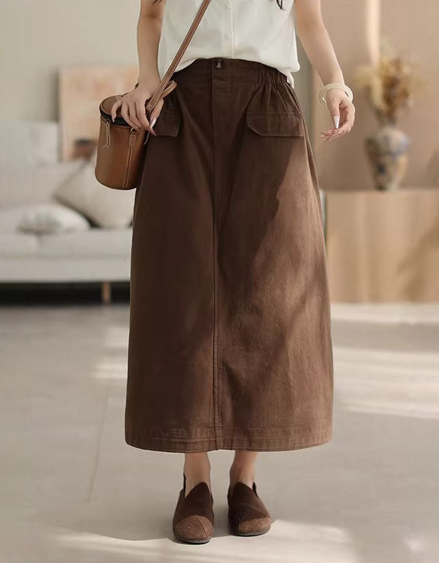 Versatile Brown Cotton Midi Skirt for Everyday Wear