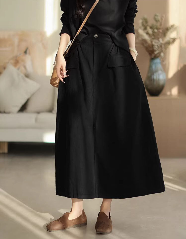 Versatile Black Cotton Midi Skirt for Everyday Wear