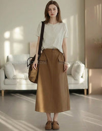 Women’s Stylish Midi Skirt in Brown with Button Closure