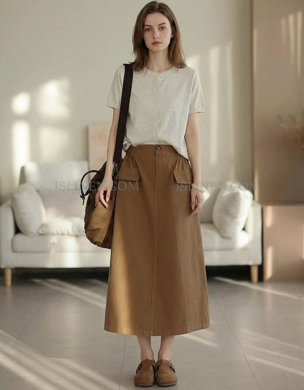 Women’s Stylish Midi Skirt in Brown with Button Closure