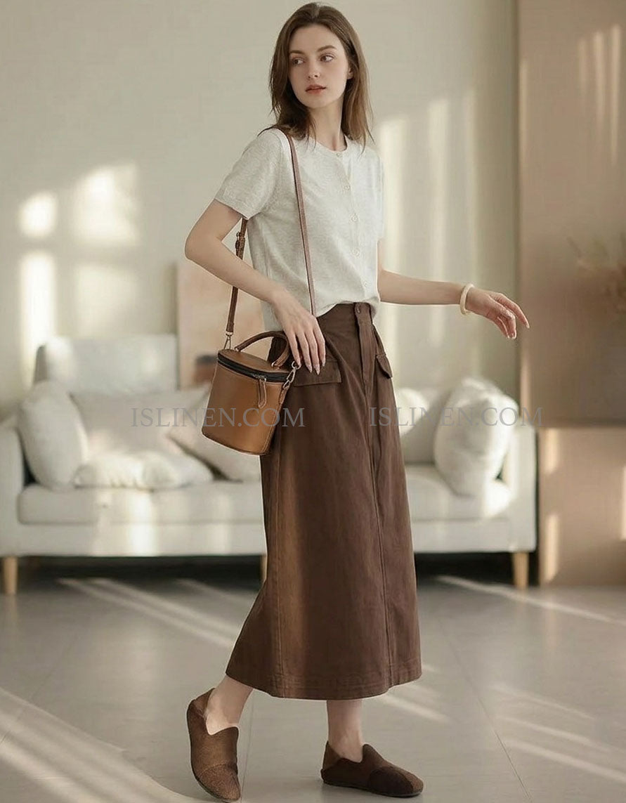 Boho Casual Brown Midi Skirt with Two Side Pockets