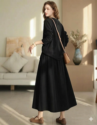Boho Casual Black Midi Skirt with Two Side Pockets