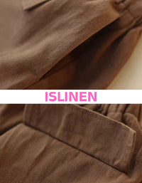 Front view of brown cotton midi skirt with pockets and button detail