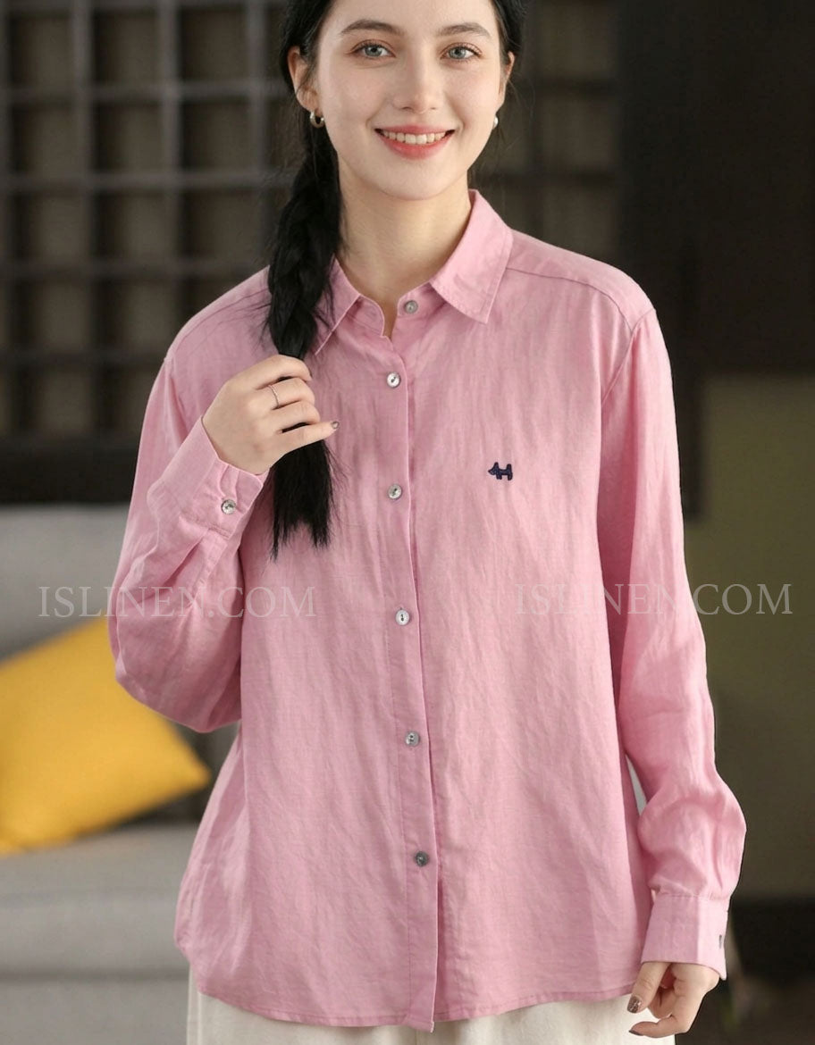 Women Pink Linen Shirt Long Sleeve Button Casual Top