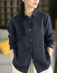 Women Linen Top Navy Button Long Sleeve Comfortable
