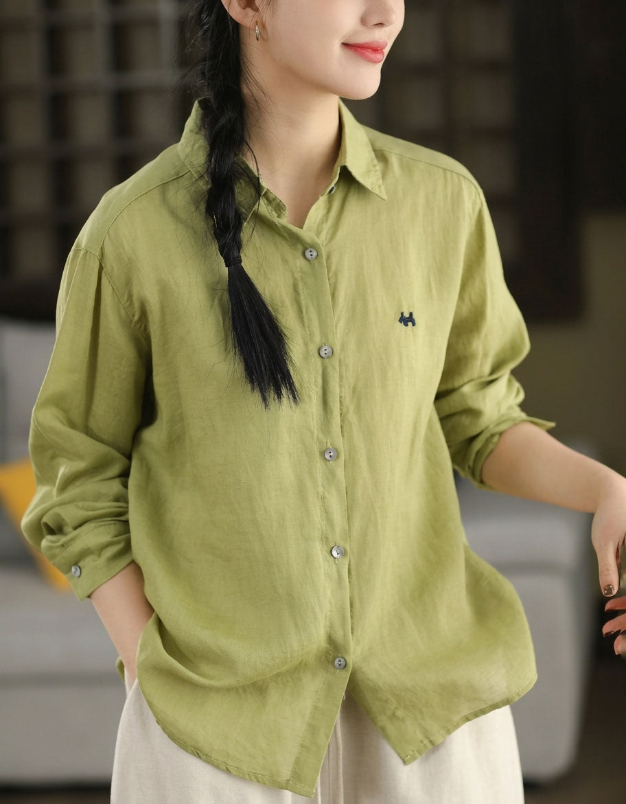 Women Spring Casual Soft Long Sleeve Linen Pink Shirt