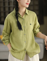 Women Spring Casual Soft Long Sleeve Linen Pink Shirt
