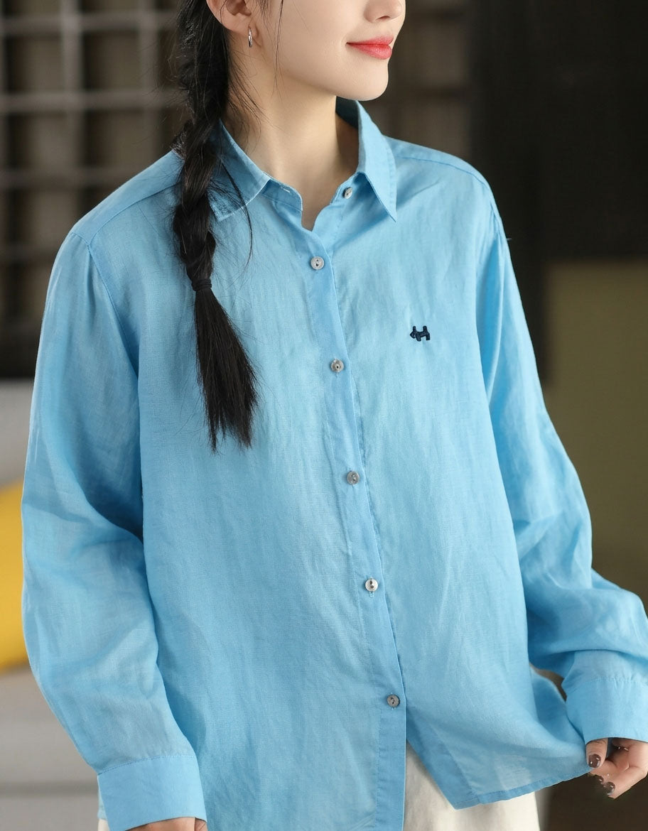 Blue Linen Button Shirt Women Soft Casual Long Sleeve