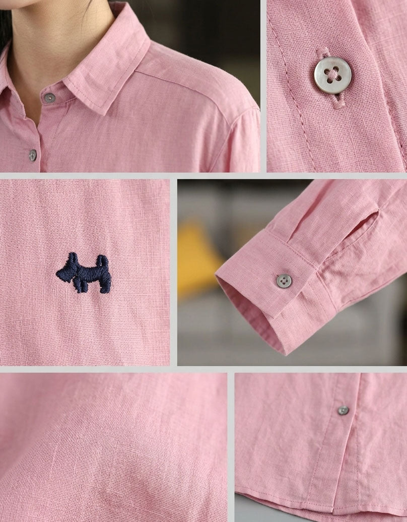 Casual Pink Linen Shirt Women Soft Button Long Sleeve