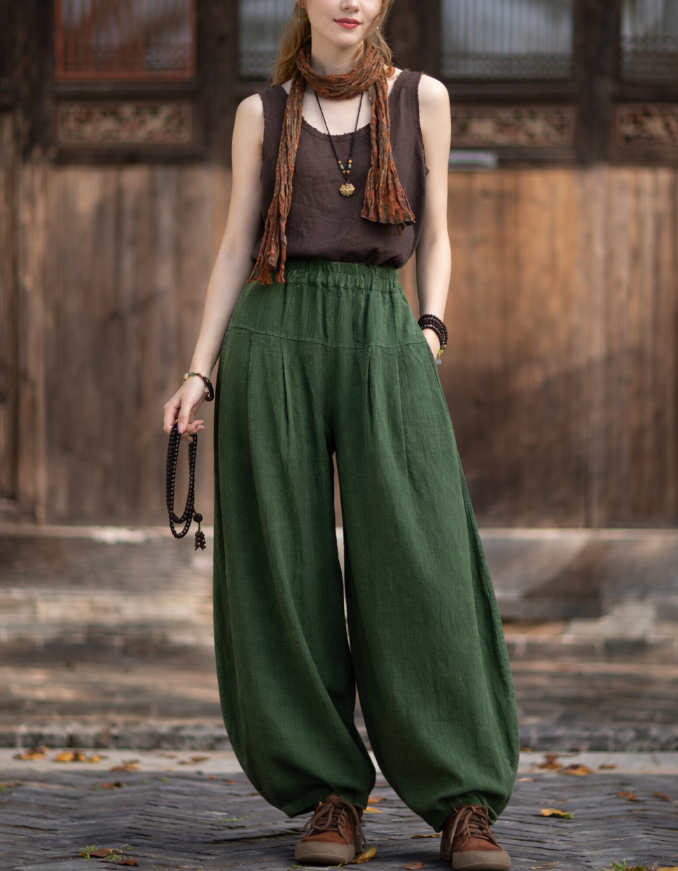 Wide Leg Green Linen Harem Pants for Women