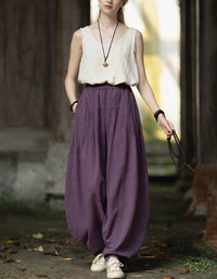High Waist Purple Linen Lantern Pants