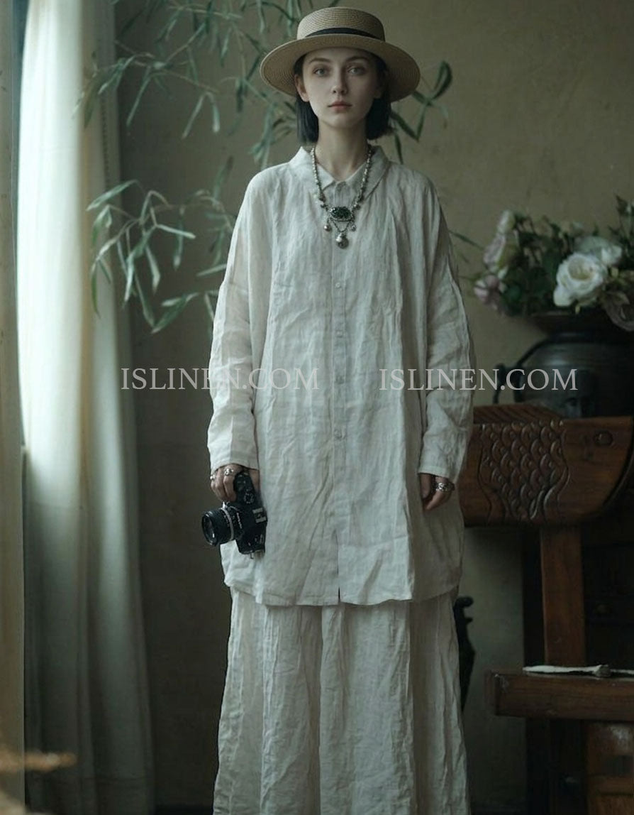 Women White Linen Shirt Loose Long Sleeve Casual Blouse