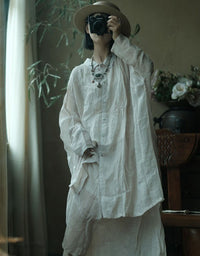 White Linen Button Shirt Women Loose Fit Oversized Top