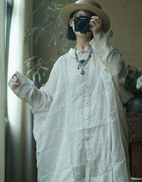 Women Loose White Linen Blouse Long Sleeve Casual Shirt