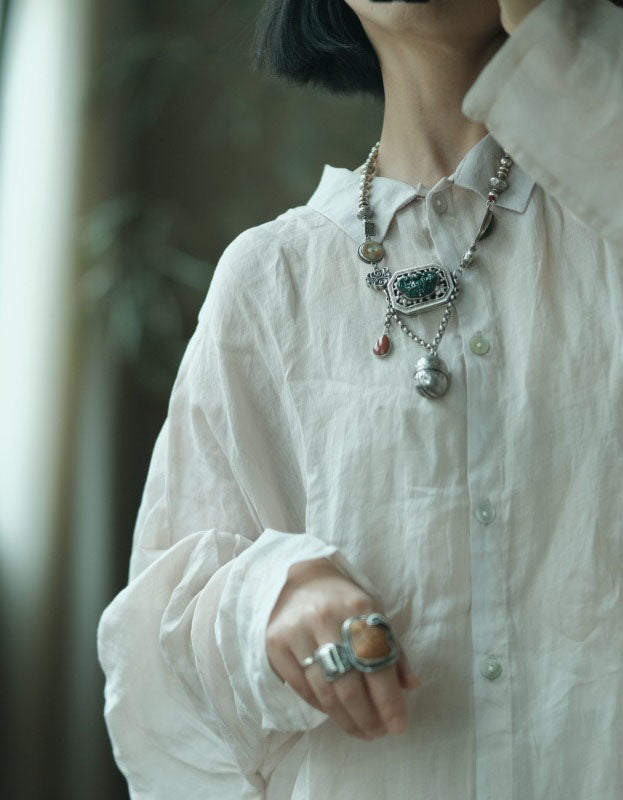 Women White Linen Tunic Shirt Loose Long Sleeve Blouse