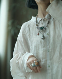 Women White Linen Tunic Shirt Loose Long Sleeve Blouse