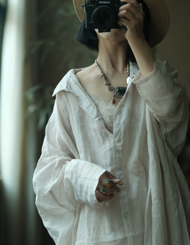 Casual white linen blouse women long sleeve button down