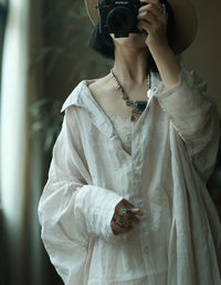 Casual white linen blouse women long sleeve button down