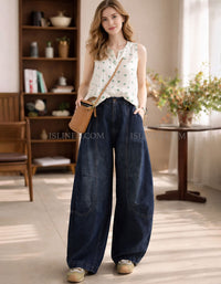 women casual loose fit denim trousers wide leg jeans