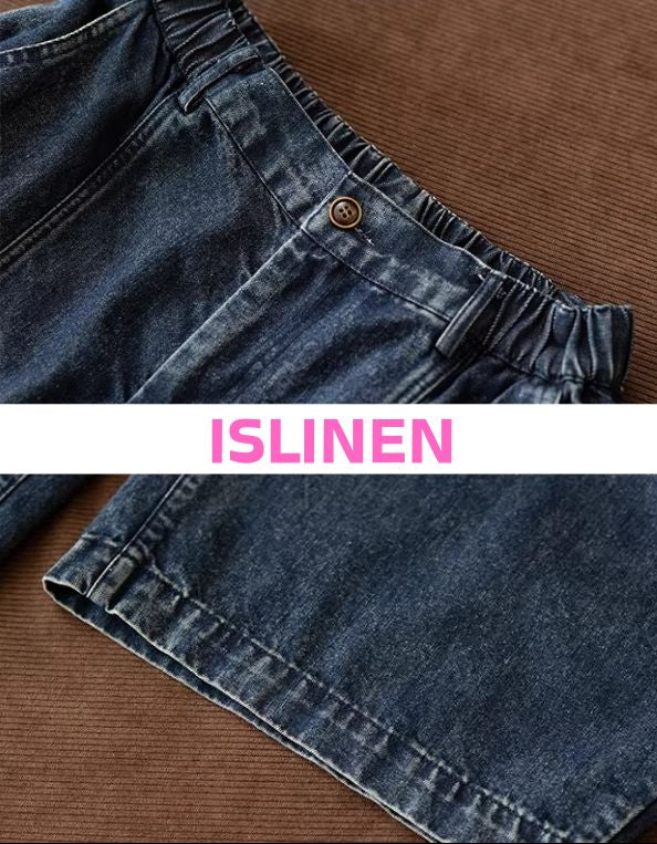 Close-up of women balloon denim pants casual everyday wide leg jeans
