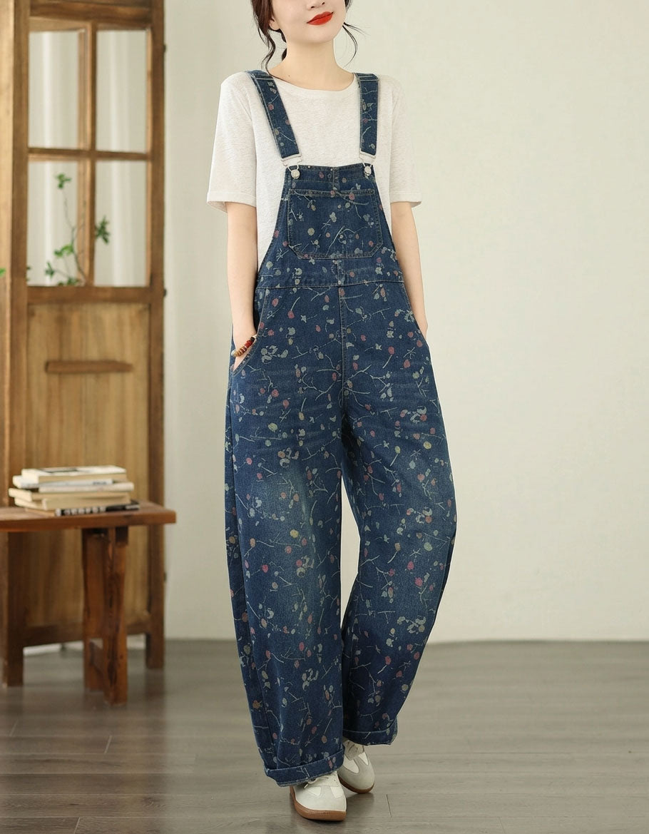 Floral Denim Overalls Women Loose Fit Wide Leg Pants