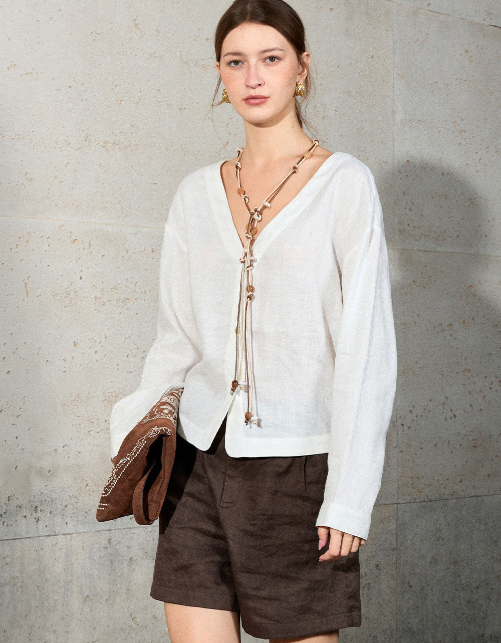 women white linen v neck button blouse minimalist long sleeve casual top