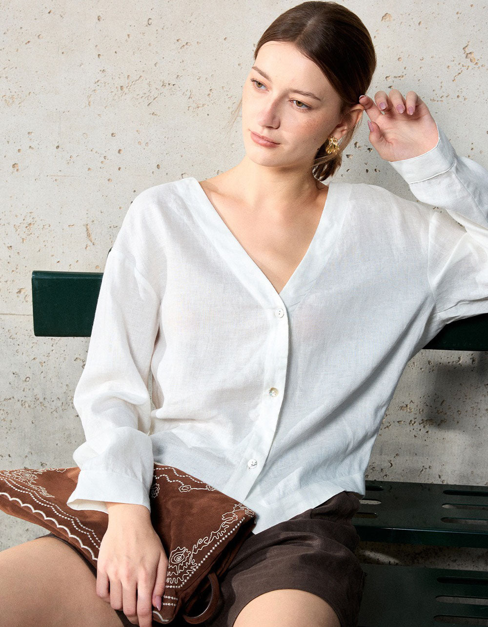 White linen v neck blouse women casual minimalist button shirt