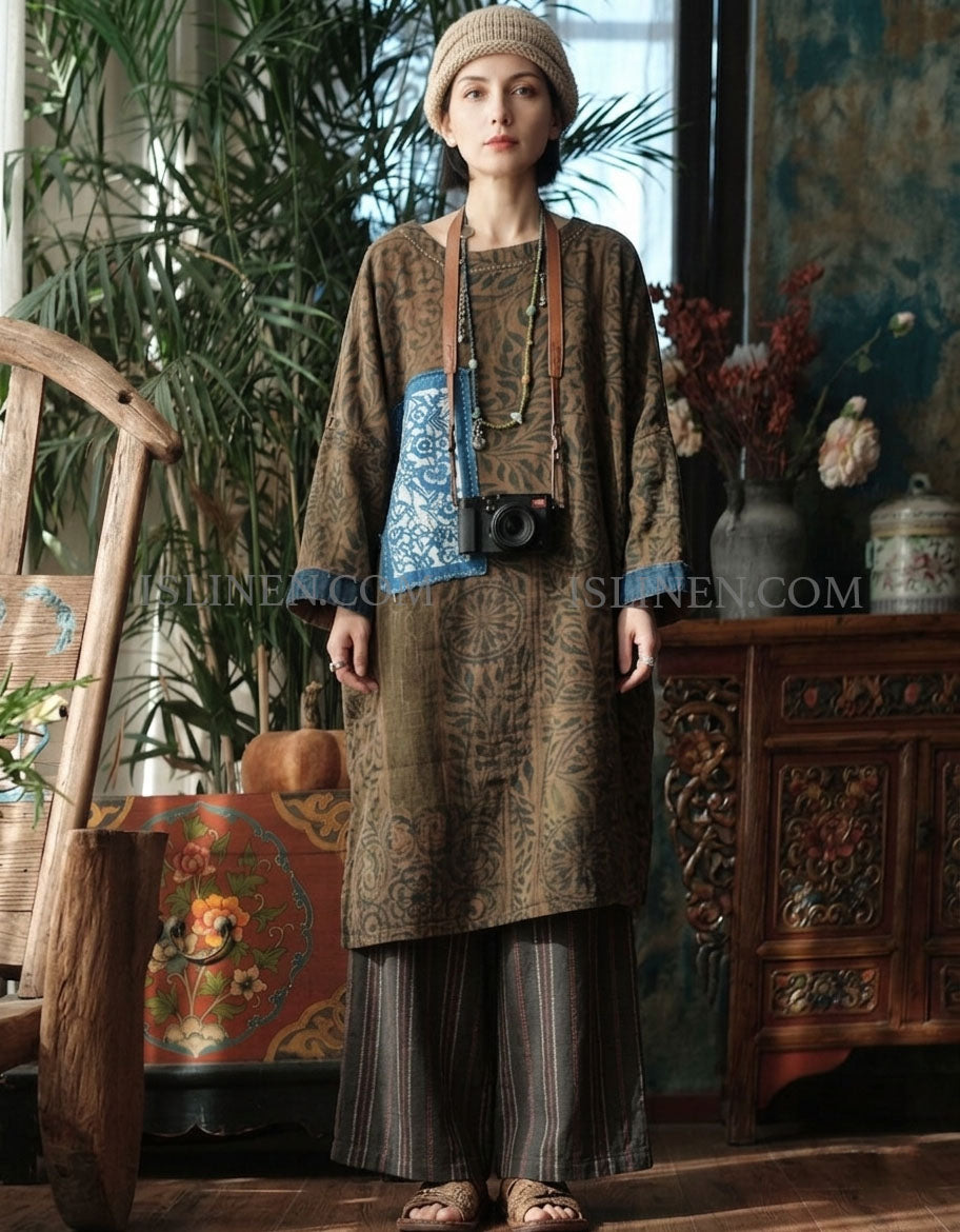 women vintage boho tunic dress ethnic print oversized loose fit