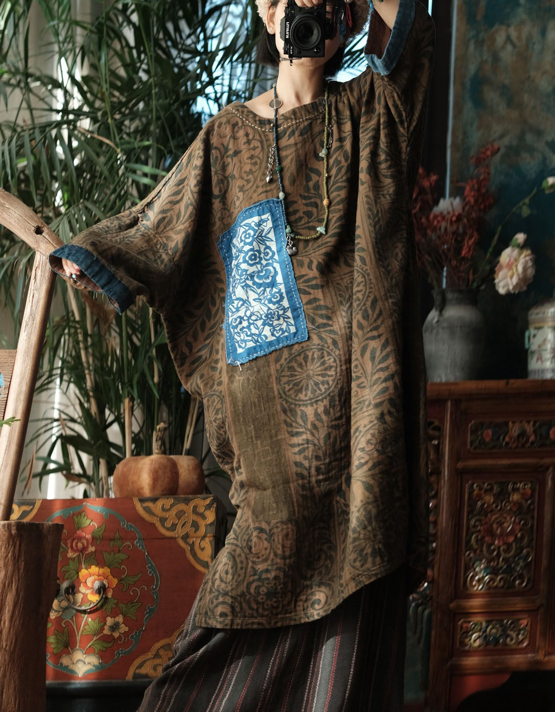 bohemian long tunic top with artistic print relaxed fit outfit