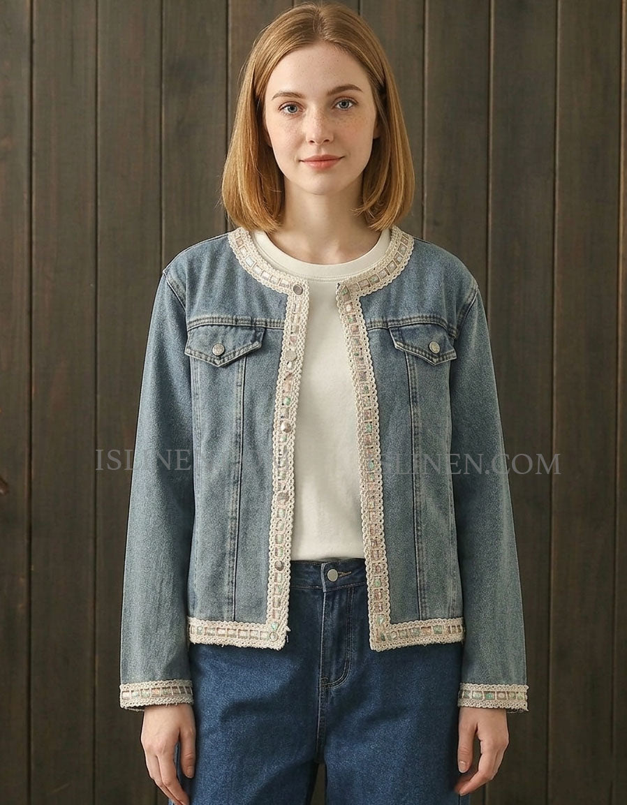 Vintage Denim Jacket Lace Trim Women Casual Coat