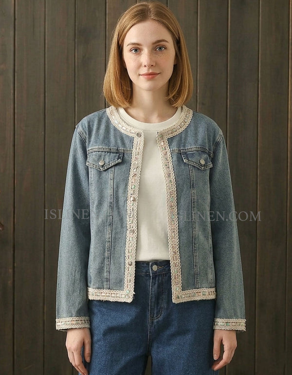 Vintage Denim Jacket Lace Trim Women Casual Coat