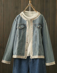 Women Boho Denim Jacket Lace Detail Casual Outerwear