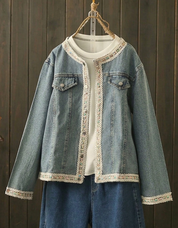 Women Boho Denim Jacket Lace Detail Casual Outerwear