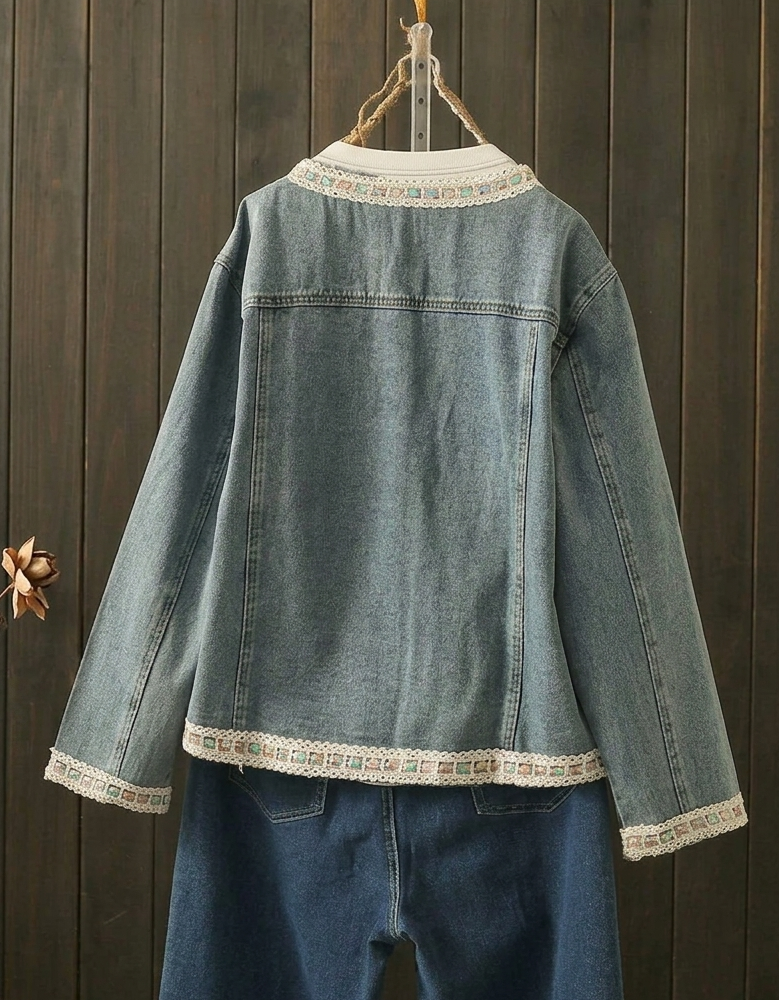 Retro Denim Jacket with Lace Trim Women Loose Fit