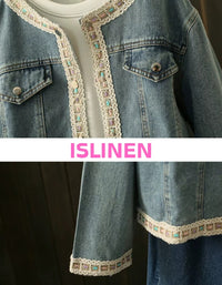 Women Vintage Blue Denim Jacket Lace Edge Casual