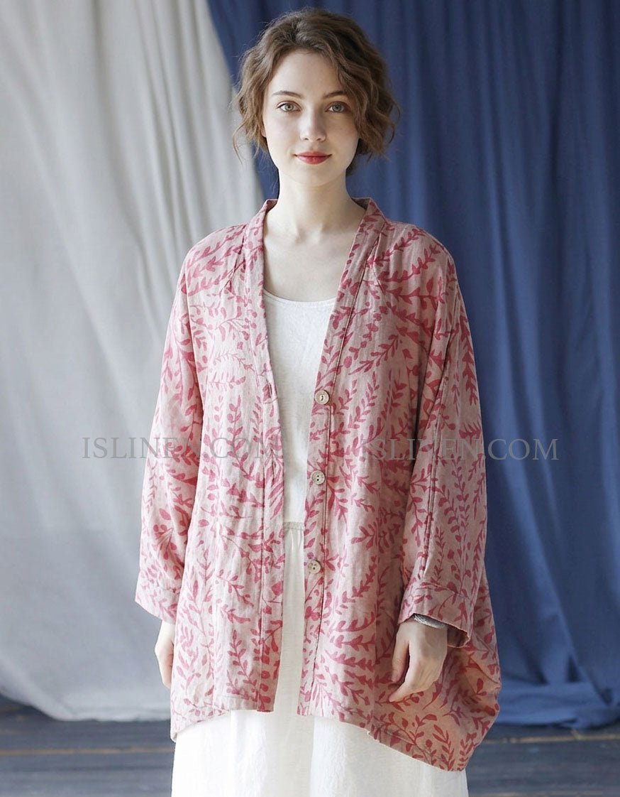 Women Floral Linen Cardigan Loose Casual Kimono Top