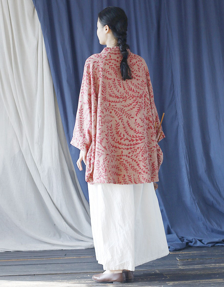 Vintage Floral Linen Kimono Women Oversized Top