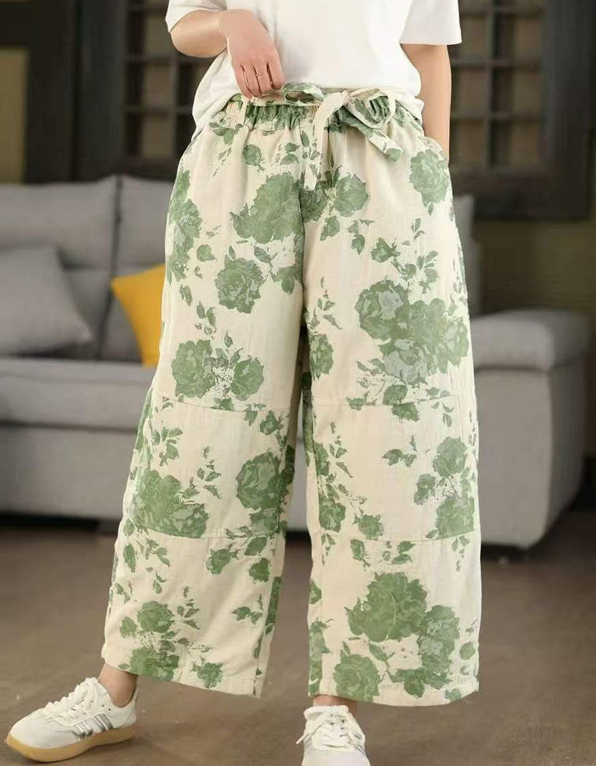 women floral wide-leg linen pants casual summer