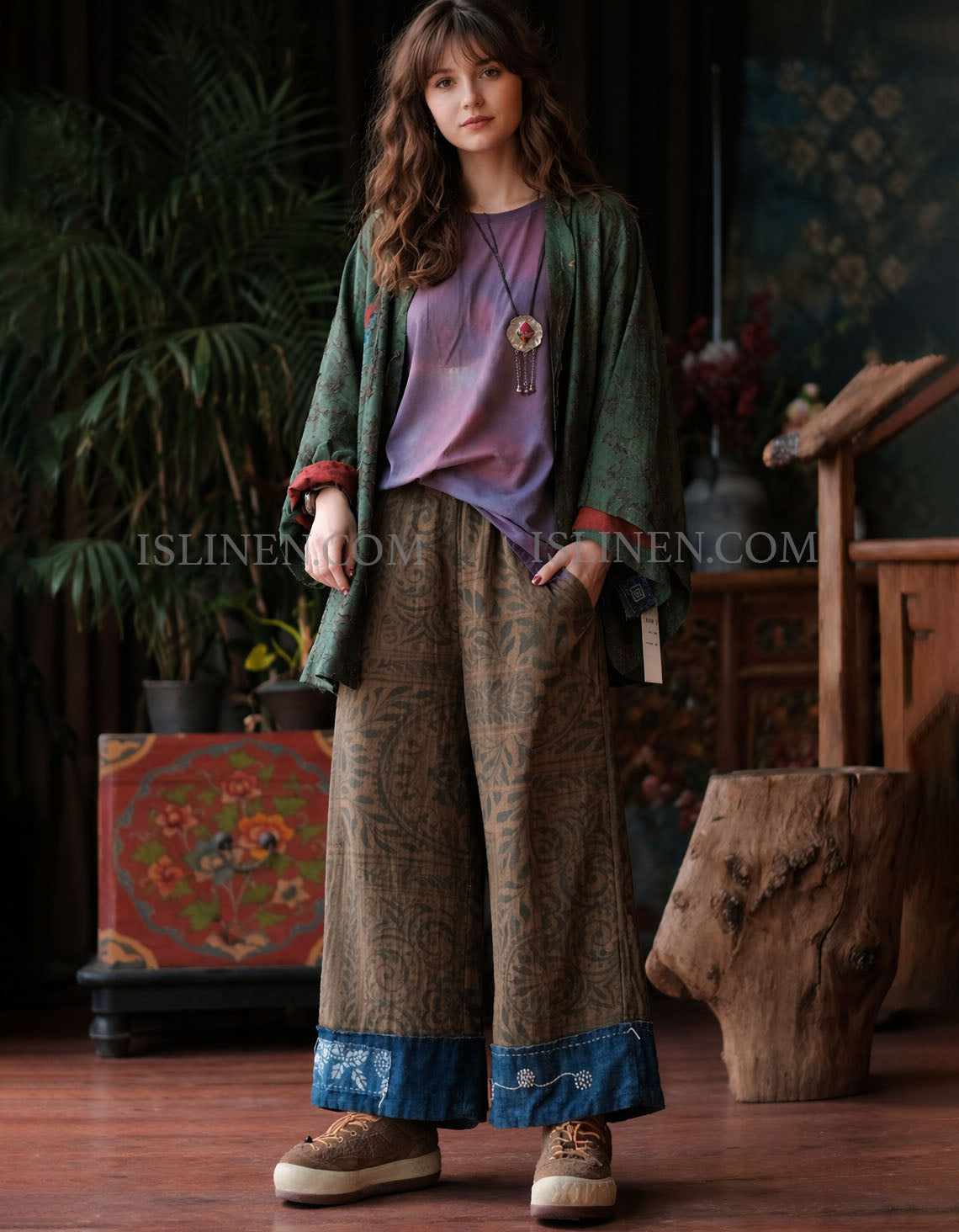Ethnic Print Wide Leg Pants with Contrast Hem