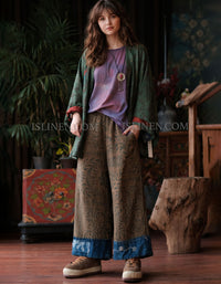 Ethnic Print Wide Leg Pants with Contrast Hem