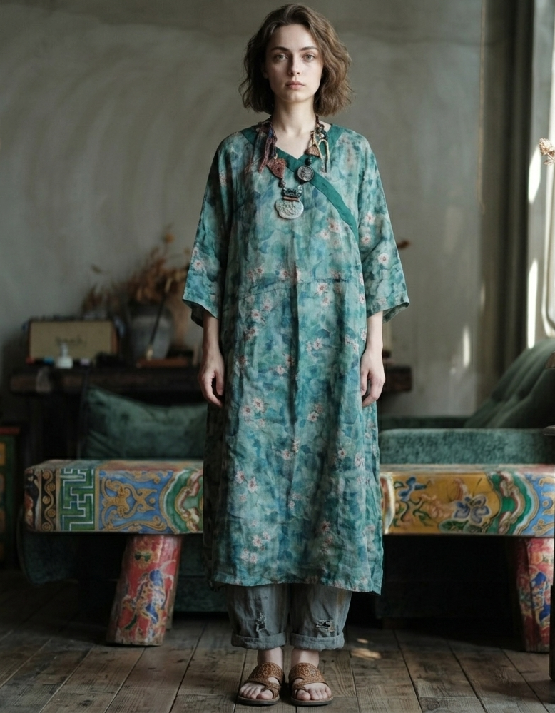 green floral linen long dress women front view