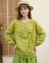 Vintage Green Linen Ruffle Blouse Long Sleeve Women